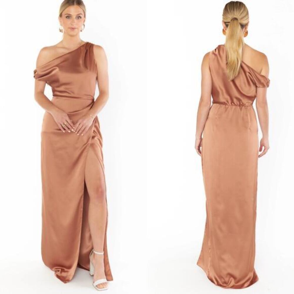 Show Me Your Mumu One Shoulder Jodie Dress with Slit Front Copper Luxe Satin S